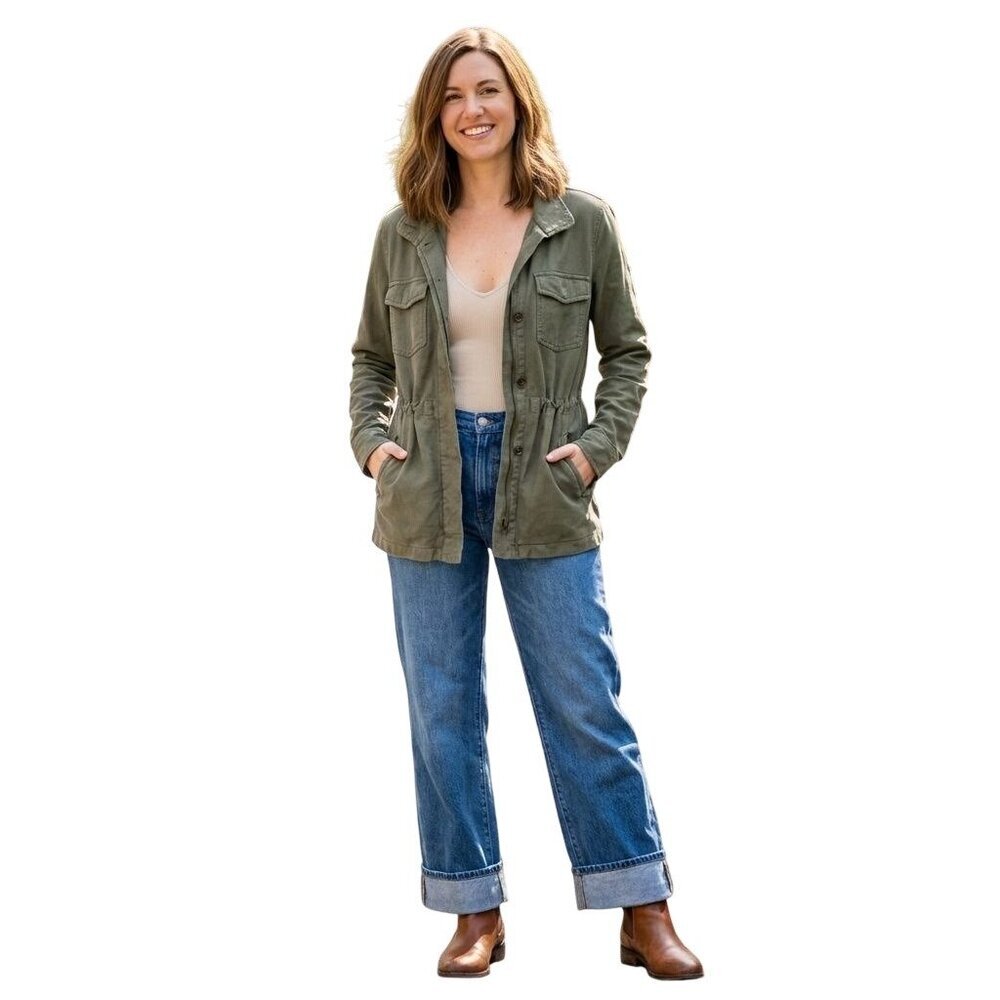 James Perse Army Green Cinch Waist Utility Jacket Pockets Hidden Buttons Size 4